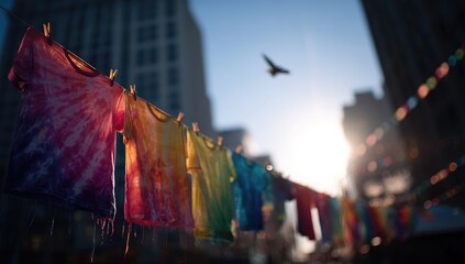 Vibrant tie-dye shirts hang on a line between city buildings, backlit by the setting sun; a bird in flight