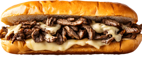 Philly cheesesteak sandwich isolated on a transparent or white background, cut-out, PNG