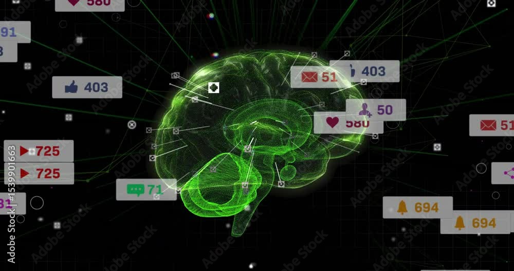 Poster on load green wireframe brain hovering attracting badges clustering showing rising social metrics