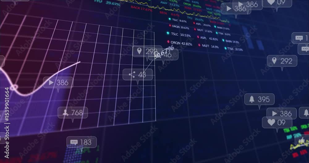 Poster grid activating social-media icons floating, counters rising, graph tracing slope showing live data