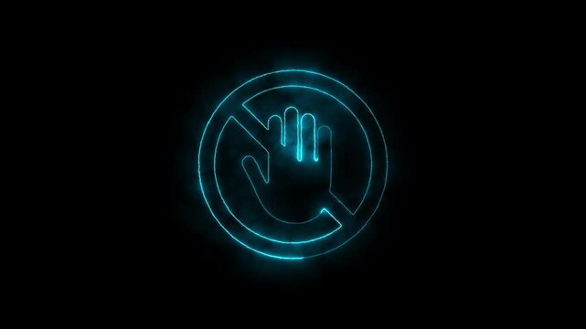 Neon glowing stop hand sign. Stop sign. Hand in  circle, no entry, stop sign, the do not touch icon on a dark background.