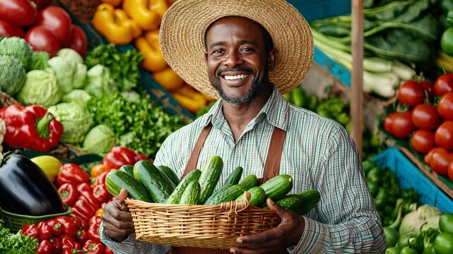 Smiling farmer holding basket showcasing freshly of cucumbers near colorful market display, harvested local agricultural produce