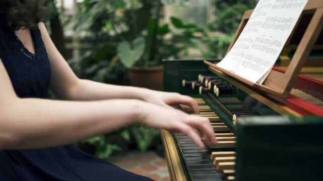 Woman playing historical keyboard instrument in conservatory