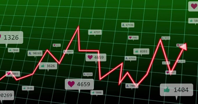 Red arrow line appearing left and zigzagging across green grid highlighting fluctuating data trends