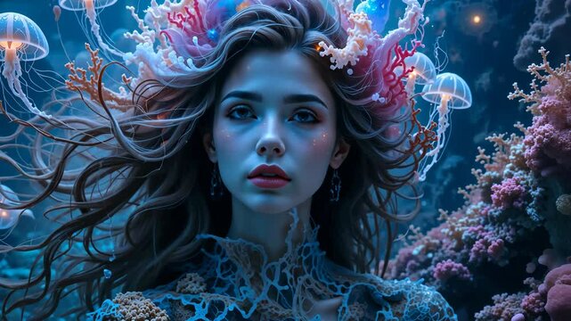 Beautiful young caucasian woman with corals and shells in wavy hair against blue underwater-inspired background. Concept of ocean beauty and fantasy
