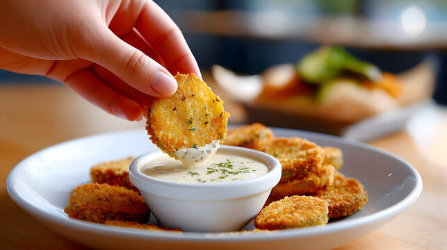 Hand dipping crispy fried pickle into creamy sauce on white plate with golden appetizer bites. Close-up