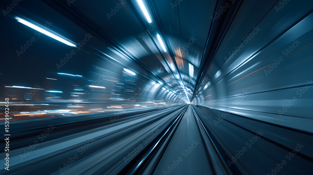 Poster high-speed motion blur through a futuristic tunnel with glowing lines and central light.