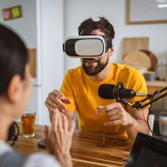 man wear virtual goggles while record podcast at home studio