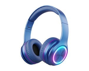 Blue wireless headphones with neon lights isolated on transparent background