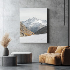 Minimalist interior decor featuring mountain art above comfortable seating arrangement