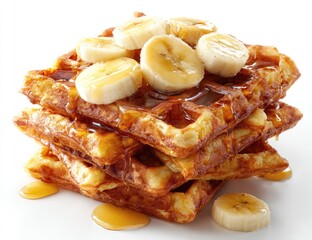 A stack of golden-brown waffles topped with sliced bananas and drizzled with honey, set against a bright white background