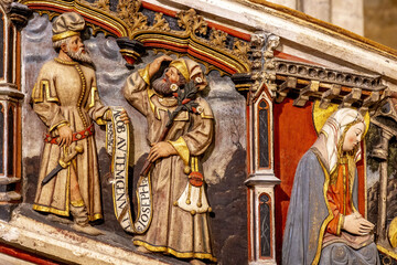 Santa Maria la Mayor’s basilica, Morella, Spain. Staircase with biblical scenes by Antonio Sancho (1470) and Jusepe Beli. Depiction of Jesus Christ’s genealogy