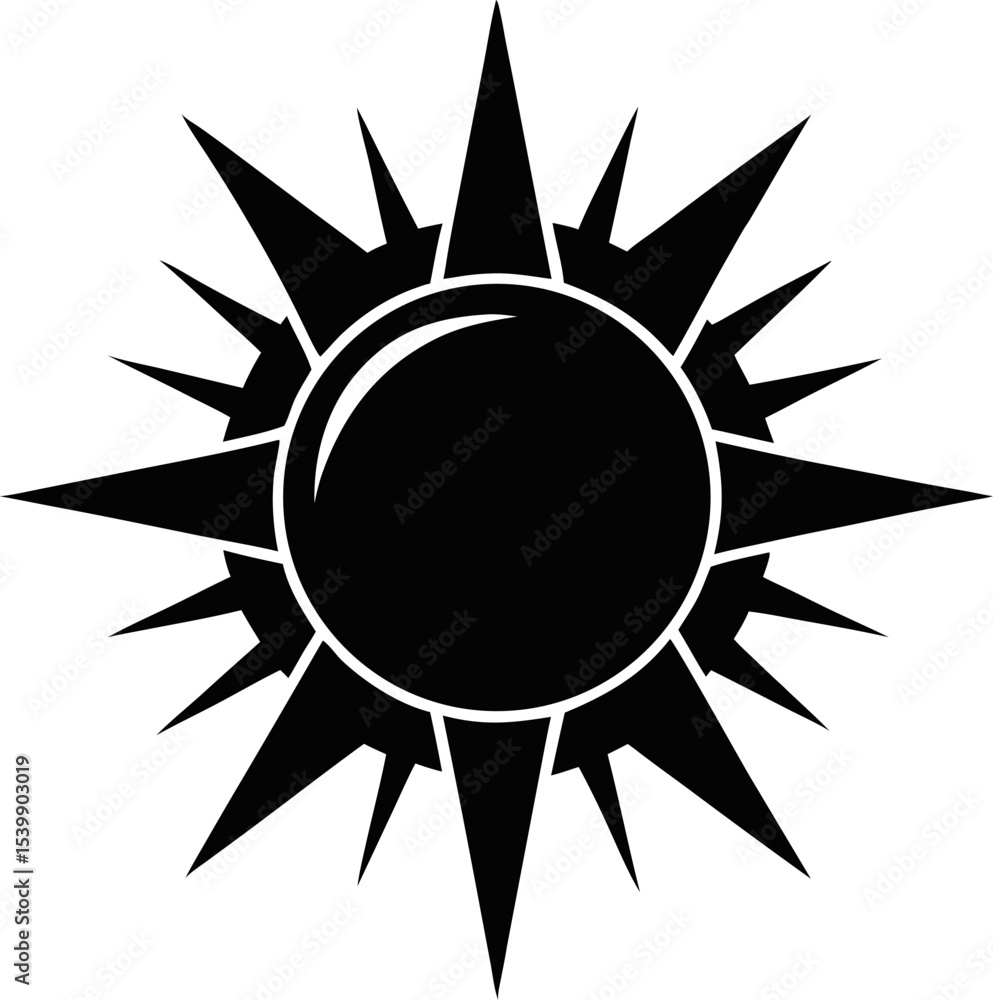 Poster a monochrome design of a radiant black sun with angular spikes and dynamic composition with