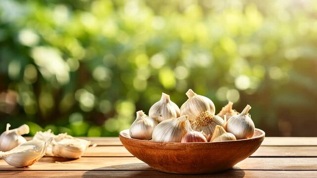 Garlic in a bowl against the backdrop of the garden. Selective focus. Food.