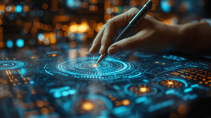 Hand using stylus on futuristic digital touchscreen interface. Glowing circular tech UI with virtual data elements. Ideal for UX design, AI, or high-tech themes.