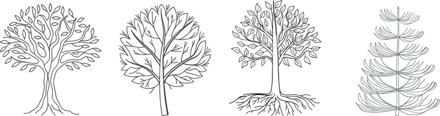 Set of hand-drawn tree sketches in black and white with organic details, ideal for nature themes, forest education materials, eco posters, botanical artwork, and landscape illustrations.