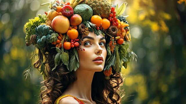 Wreath on a woman's head with vegetables and fruits. Selective focus. Food.