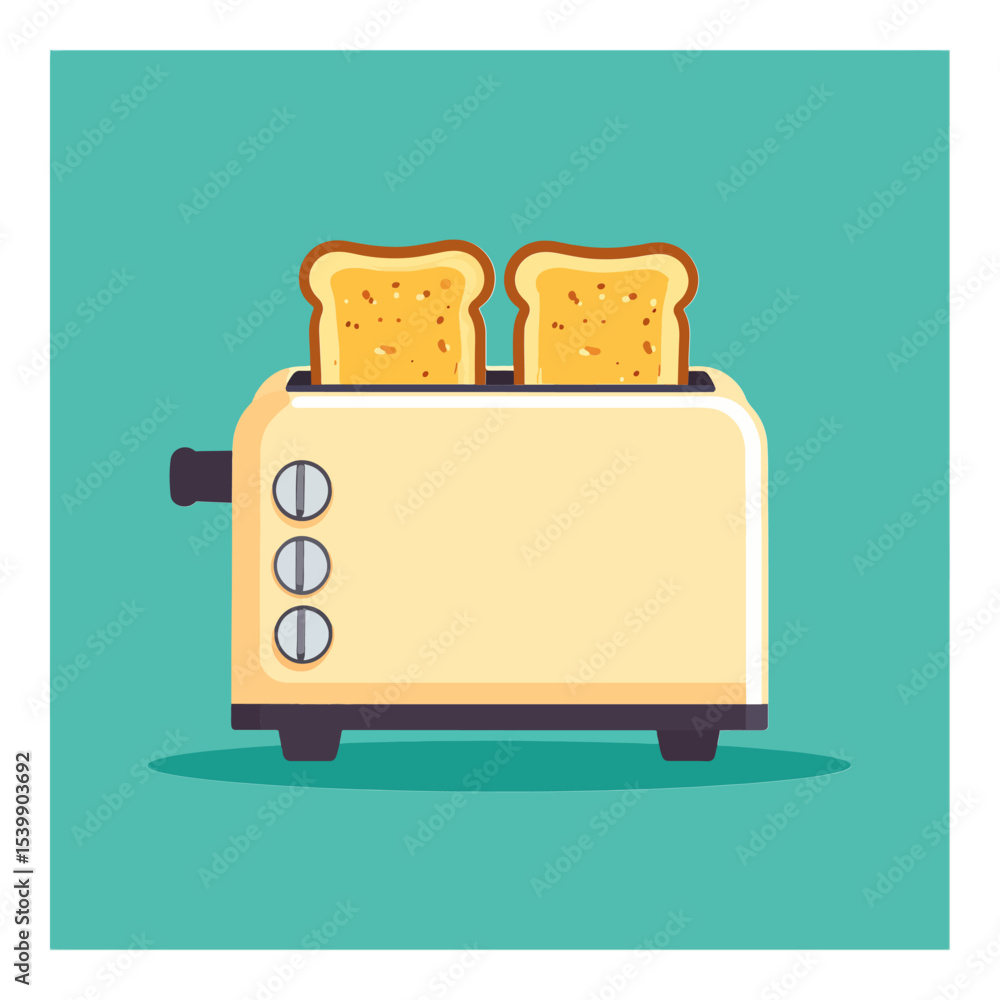 Poster a toaster with two slices of toast against a turquoise background