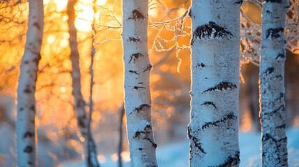 Winter scene with birch trees and golden sunlight shining through snow covered branches