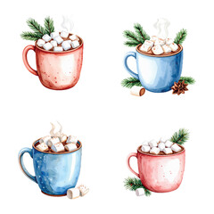 set of Cacao with Marshmellow, New Year vectors, Christmas, holiday