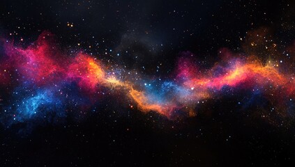 Colorful nebulae swirl across a dark space background, studded with distant stars