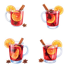 Watercolor vector set of mulled wine for Christmas and New Year