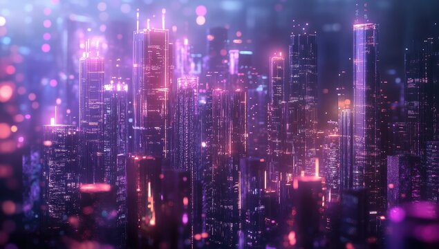 Futuristic city skyline, vibrant neon lights, bokeh effect