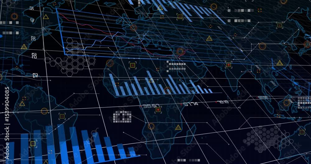 Poster on sequence start 3d data interface animating charts and graphs on map to show global trends
