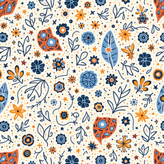 Naklejka premium Vibrant Floral Pattern with Leaves and Flowers in Blue and Orange