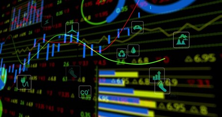 Scrolling tickers starting green red curves animating with bars, pulsing icons for data display