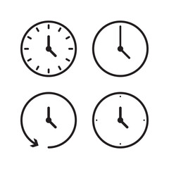 Set of black clock icons showing different times and styles, including analog clock faces and a clockwise arrow. Minimal vector design ideal for time, schedule, or deadline related concepts.