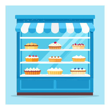 Blue bakery display case with three shelves containing various pies each topped with distinct fruit arrangements