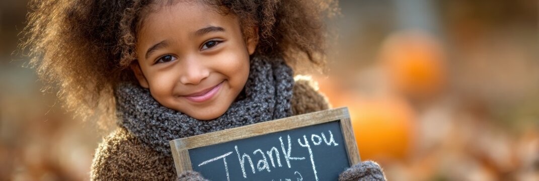 Grateful Child Holding Thank You Reflection Sheet in Autumn With Pumpkins in the Background