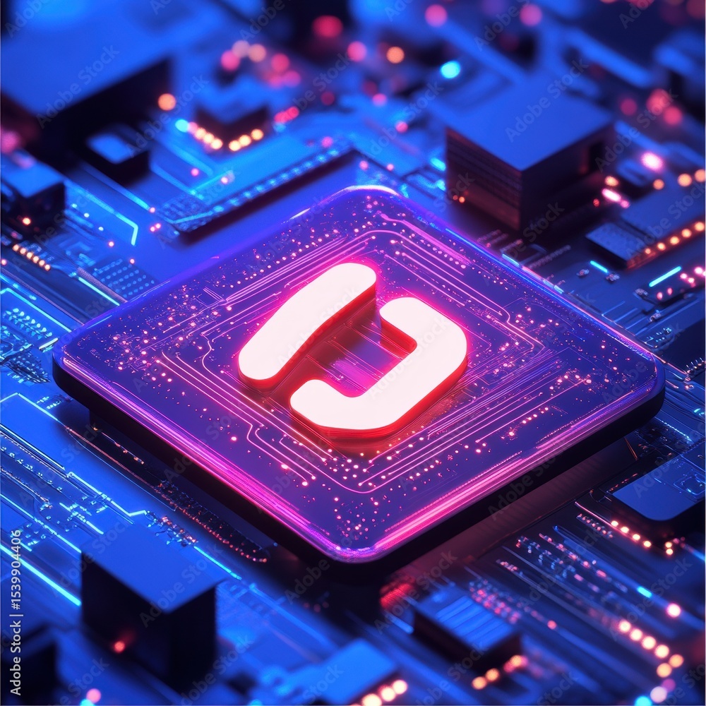 Fototapete electronic circuitry showing a glowing symbol embedded on a microchip surface