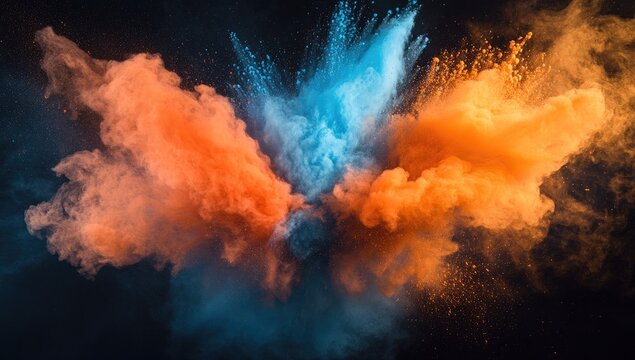 Vibrant orange and blue powder explosion on black background