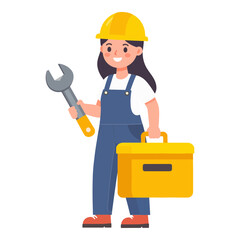 Cartoon of a construction worker holding a wrench  toolbox wearing a hard hat  overalls