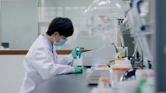 Medical Scientist or researcher in lab coats use multichannel Pipette Filling into 96 wells plate Microplate with Samples Scientific Research Technology Equipment for detection antibodies infections