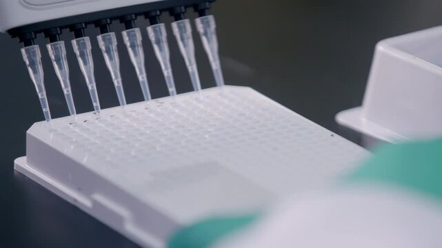 Medical worker use multichannel Pipette Filling into 96 wells plate Microplate with Samples Scientific Research Laboratory Technology Equipment Precise High Quality for detection antibodies infections