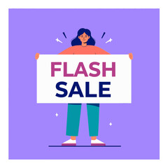 A woman holds a sign with FLASH SALE on it against a purple background