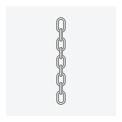 A vertical silver chain with seven rectangular links against a white background