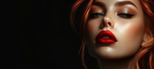 Fototapeta premium A stunning portrait features striking red lips and artistic facial texture against a dark backdrop, creating allure