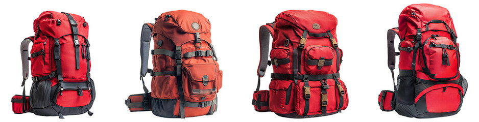 Collection of large red hiking backpacks, isolated on a transparent background