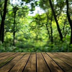 Fototapeta premium Wooden Path to the Forest's Embrace: A weathered wooden floor provides a vantage point to a vibrant scene of a blurred, tranquil, nature. The verdant forest comes alive with sun-dappled leaves.