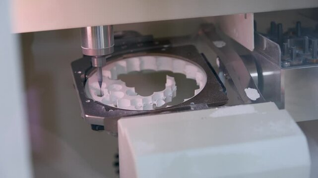 Milling machine for making veneers and crowns. Dental CNC machine processes zirconium. Close-up.