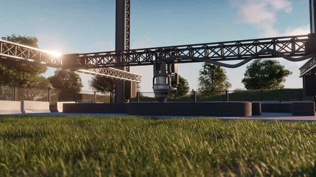 A crane-based 3D printer constructs a concrete building under a clear sky in an open field. Timelapse 3d render