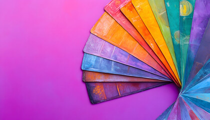 A colorful array of tarot cards fanned out on a vibrant purple background