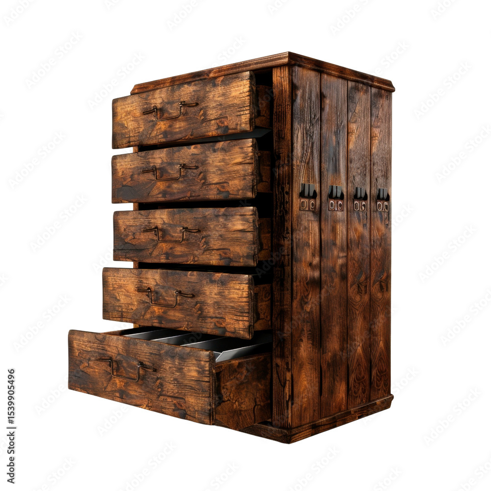 Poster rustic wooden dresser with five drawers and sturdy design, perfect for adding charm to any room. thi