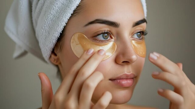 A young woman applies gold eye patches under her eyes. The concept of daily skincare routine and beauty treatment footage.