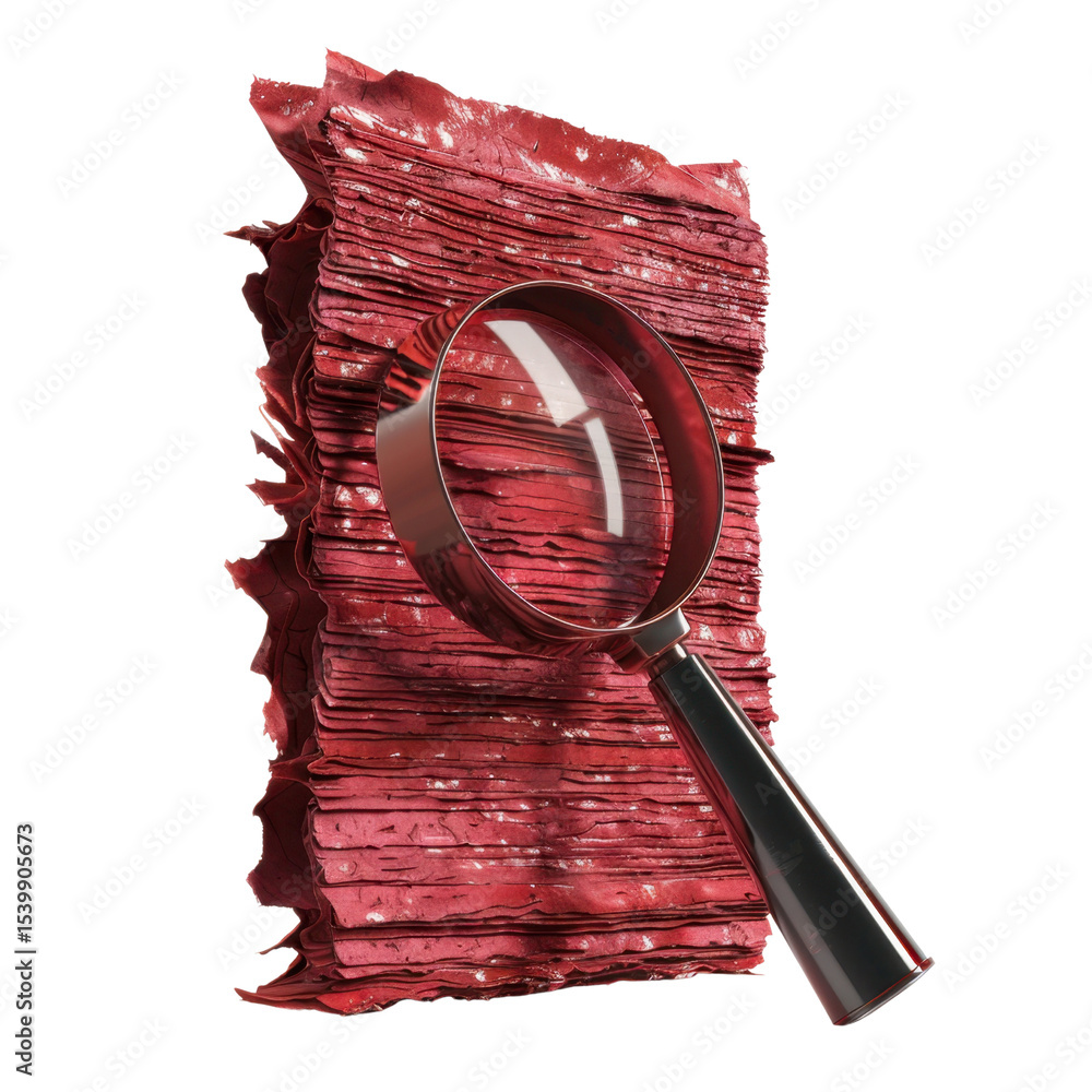 Poster magnifying glass is placed over textured, red surface resembling layered material, creating intrigui
