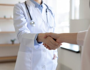 Medical professional and patient engaging in a handshake during consultation in a bright, clean office environment